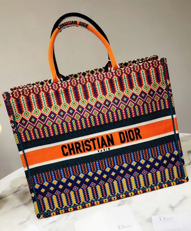 Christian Dior Book Tote Velvet Mizza Embroidery Canvas Orange